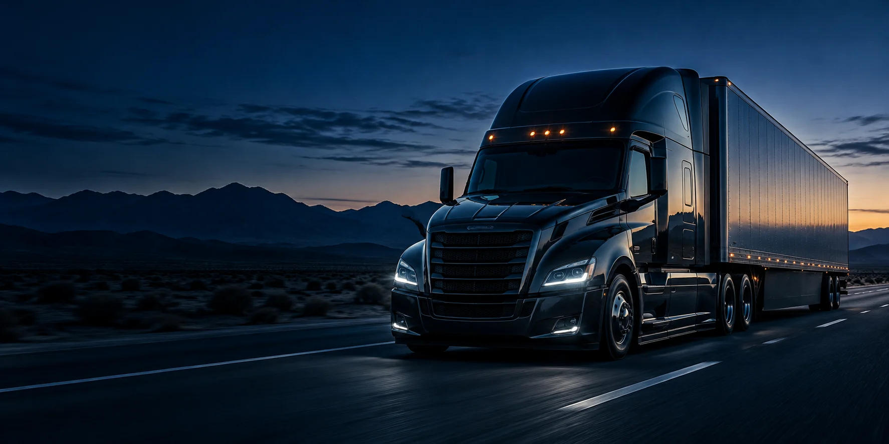 Graphite tractor-trailer on an open highway at blue hour